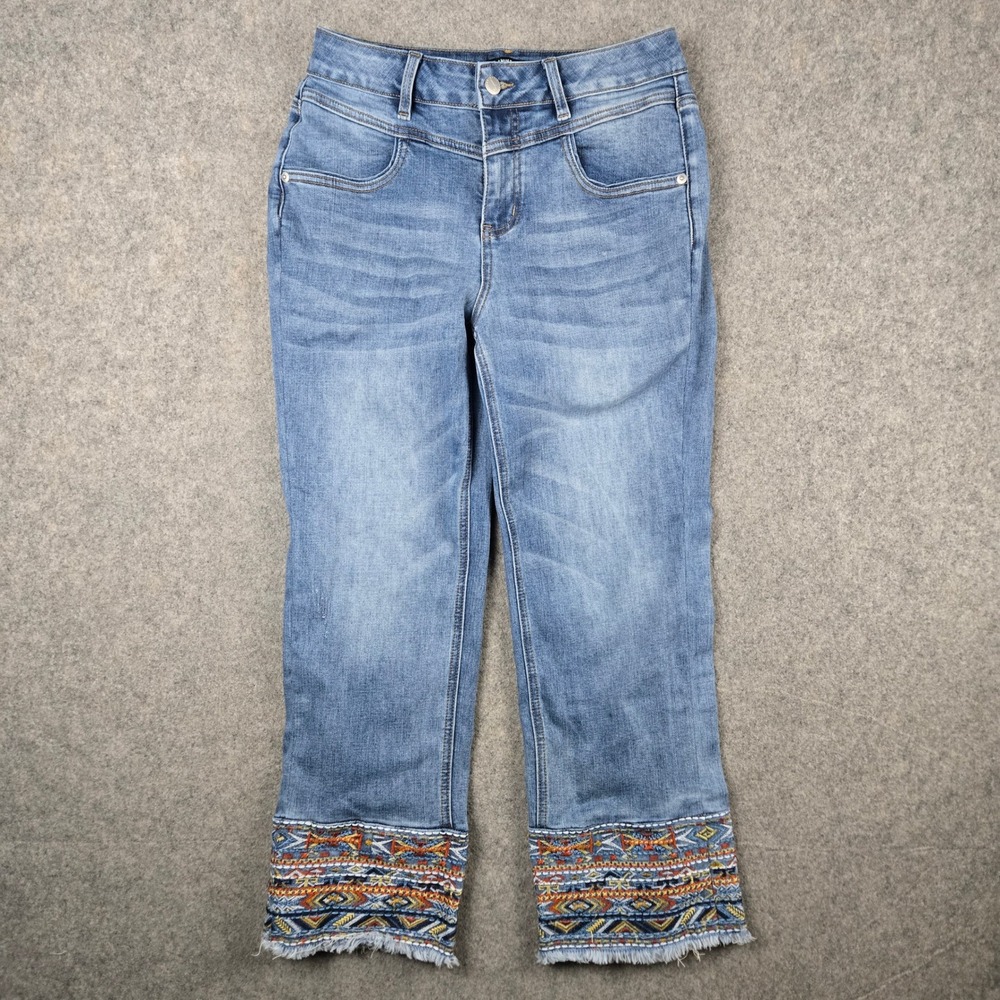 Flamingals Crop Jeans Womens 28" Small Blue Embroidered Aztec Raw Hem Boho